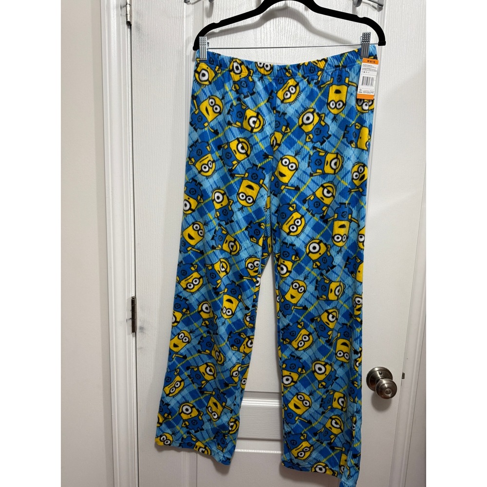 Minions Despicable Me Pajama Pants M 8-10 Blue Plaid Fleece Lounge NWT